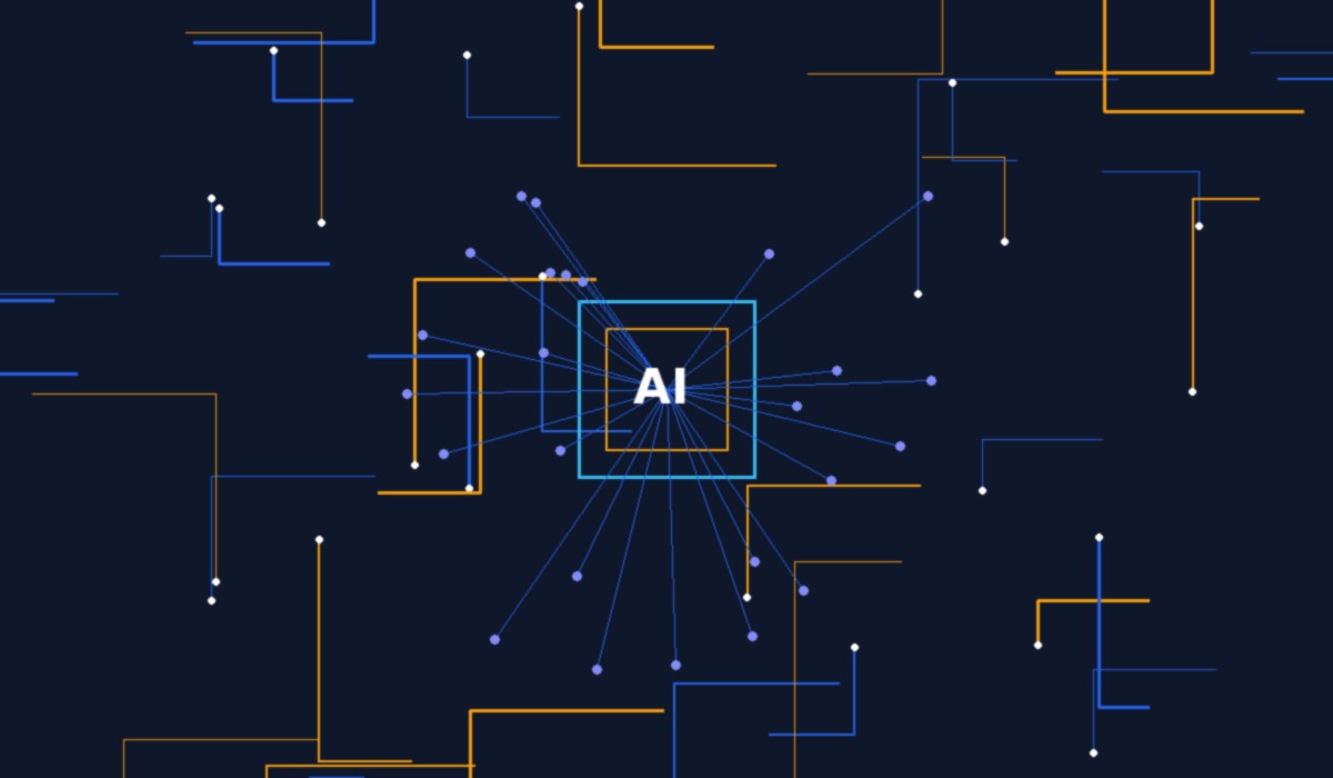 Futuristic artificial intelligence processor chip illustrated with glowing circuit board traces and data streams on a dark background